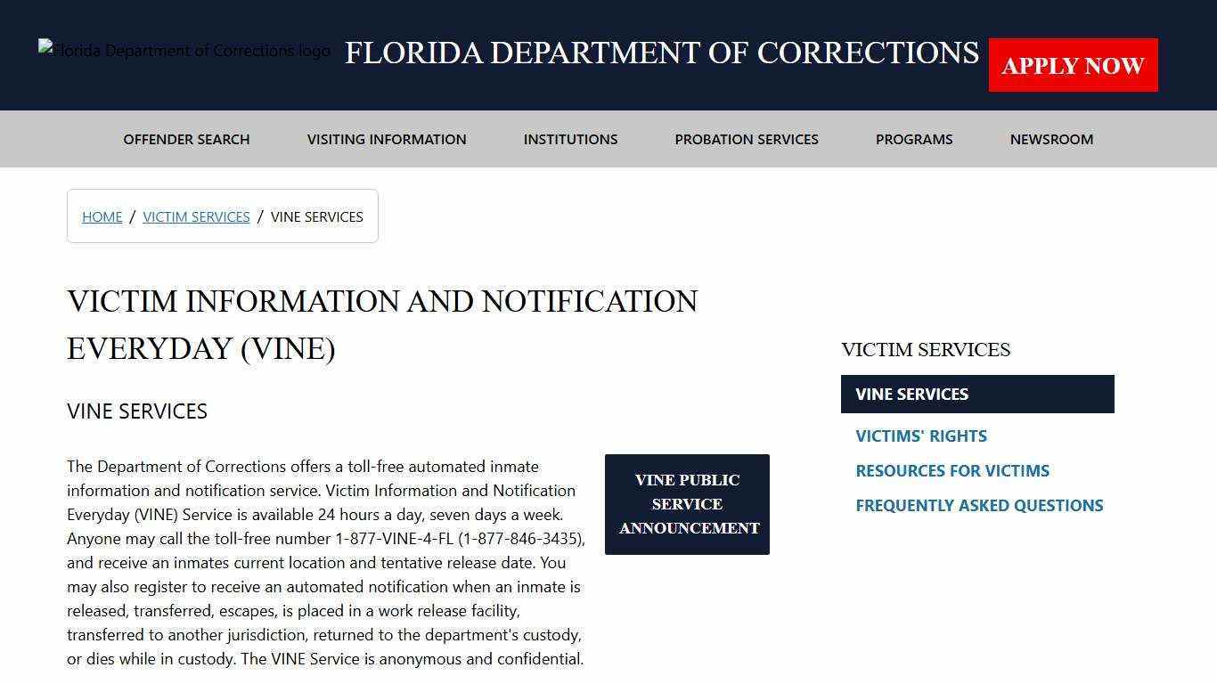 VINE Services / Victim Services - Florida Department of Corrections